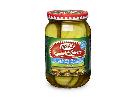 Cornichons<strong><em> </em>Sandwich Savers<sup>&reg;</sup></strong> &agrave; l&rsquo;aneth <strong>Bick&rsquo;s<sup>&reg;</sup></strong>  50 % moins de sel